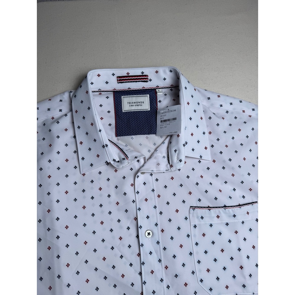 7Diamonds‎ Men Shirt XL Geometric White 4-way Stretch Short Sleeve Button Up